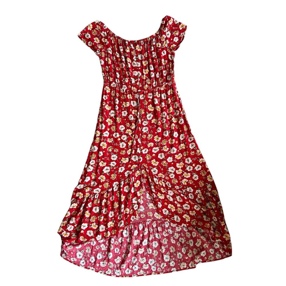 INDIGO ROSE Womens Large Red White Floral High Low Short Sleeves Boho Peasant